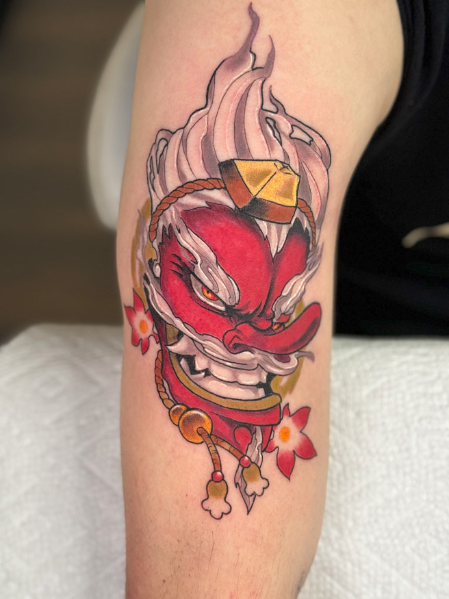 Tengu mask tattoo by Anna Saveria